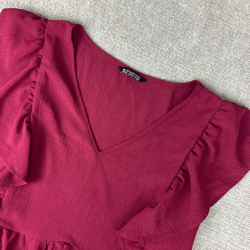 Bloomchic Top Womens 18-20 Red Ruffle Sleeve Tiered Tunic Flowy V-Neck Casual